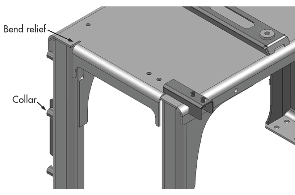 Bend relief and collars near pierced areas strengthen sheet-metal parts.